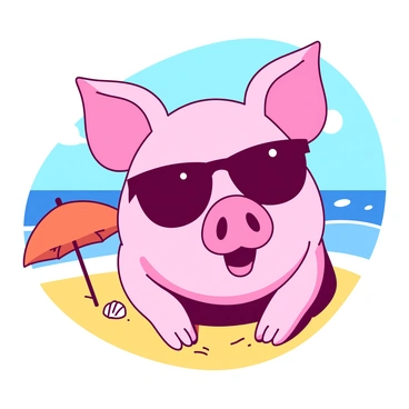 A pink pig face with a playful expression is wearing stylish black sunglasses. The pig's ears are perked up, and its snout is slightly visible beneath the sunglasses. The background features a bright yellow sandy beach with light blue waves gently lapping at the shore. A few small seashells are scattered on the sand near the pig's feet, and a vibrant orange beach umbrella is positioned to one side. The sun is shining brightly in the clear blue sky, enhancing the cheerful atmosphere.