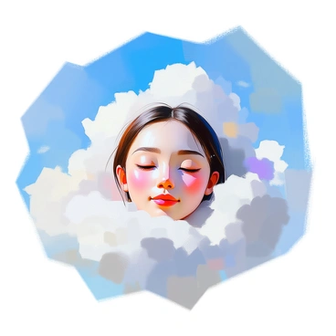 A face begins to emerge from a vibrant blue sky, surrounded by fluffy white clouds that drift softly. The features of the face are gentle and serene, with a slight smile. The eyes are open and expressive, reflecting the brightness of the day. The clouds frame the face, creating a harmonious blend between the sky and the visage, while the overall atmosphere is light and airy.