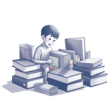 A child sitting on the floor, surrounded by a variety of school books stacked in a haphazard manner. The child is actively engaged in building a fort, using large textbooks as the primary structure for the fort walls. There are colorful covers and spines visible on some of the books, creating a textured appearance. The child's expression shows concentration and joy as they carefully position each book. Soft light filters into the room, illuminating the scene and highlighting the whimsical nature of the fort being constructed.