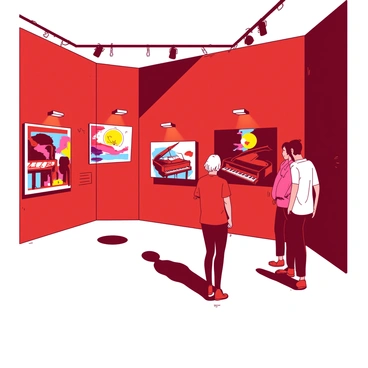 A red art gallery interior with white walls showcases a collection of paintings featuring pianos. Each painting presents a different interpretation of pianos, highlighting various colors and forms. One painting depicts a grand piano with vibrant colors and abstract shapes, while another features a classic upright piano in a more realistic style. Spotlights illuminate each artwork, enhancing their details and making the colors pop. Visitors, including a couple and an art enthusiast, are admiring the exhibits, engaged in conversation about the artworks.