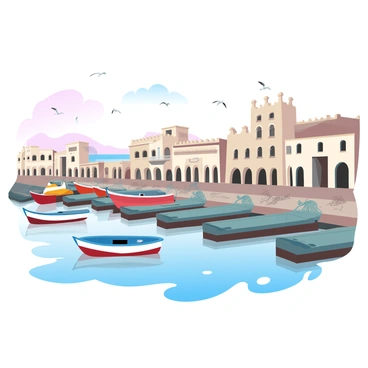 An old port in Casablanca features several traditional fishing boats gently bobbing on the water. The boats are painted in vibrant colors, showcasing shades of blue, red, and yellow. The port is lined with weathered wooden docks, and there are fishing nets and gear scattered around. In the background, there are historic buildings with intricate architectural details, and seagulls can be seen flying above the harbor. The water reflects a gradient of pastel colors, creating a calm and inviting atmosphere.