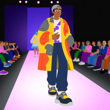An "eboy" model strutting confidently down a fashion show runway. The model is dressed in "avant-garde streetwear," featuring oversized layers and bold patterns. The outfit includes a long, flowing coat with abstract designs, paired with fitted trousers and chunky sneakers. The runway is illuminated with bright lights, highlighting the unique textures and colors of the clothing. The audience is visible in the background, watching in admiration as the model exudes a cool and fashionable vibe.