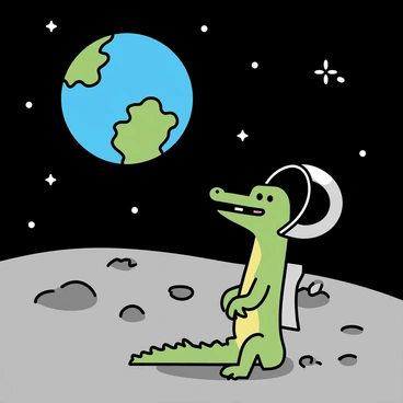 A green crocodile, wearing a shiny silver space helmet, stands on the gray surface of the moon. The crocodile is positioned upright, with its mouth slightly open, as it gazes at a vibrant blue and green Earth in the dark sky above. The moon's rough terrain is scattered with small craters and rocks, reflecting light from the distant sun. The background is filled with the vastness of space, dotted with tiny white stars.