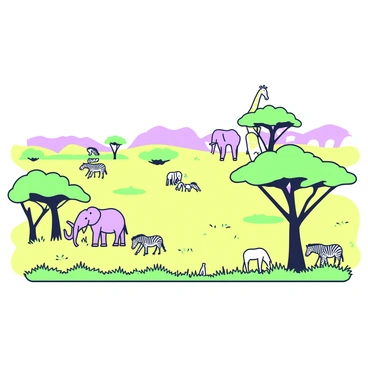 An aerial view of a vast savanna landscape is captured. The terrain is predominantly flat with patches of golden grass stretching across the scene. Scattered throughout the savanna are several acacia trees, characterized by their wide canopies and distinctive shapes. Various wildlife is visible in the image, including zebras grazing in groups, a solitary giraffe reaching for leaves high up in a tree, and a cluster of elephants moving in the background. The composition emphasizes the expansive nature of the savanna and the interaction of wildlife within this environment.