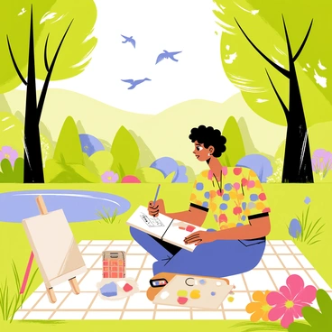 An artist with curly hair wearing a colorful shirt is sitting on a checkered picnic blanket in a lush park. The artist is focused on sketching in a notebook, surrounded by vibrant green trees and blooming flowers. A canvas and art supplies are placed beside them. In the background, a small pond reflects the blue sky, and a few birds are flying overhead. The scene is filled with sunlight filtering through the leaves, creating playful shadows on the ground.