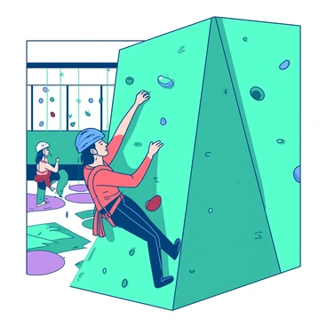 A teal climbing wall with various holds and grips is the main focus of the image. Two friends are assisting each other as they navigate the wall. One friend, wearing a red climbing harness, is reaching up to grab a green hold with one hand while using the other hand to stabilize the other friend. This second friend is climbing just below, wearing a blue climbing helmet and gripping a purple hold. The gym background features ropes, mats on the floor, and other climbers in the distance, all contributing to the active atmosphere. The scene captures the teamwork and support between the friends as they tackle the climbing challenge together.