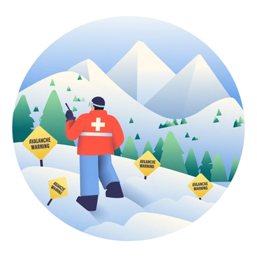 A ski patrol member dressed in a bright red jacket with a white cross is standing on a snow-covered mountain slope. The person is wearing a black helmet and ski goggles, looking out across the terrain. Surrounding them are several "avalanche warning" signs, which are yellow with black text, indicating potential danger. The slope is steep, with patches of evergreen trees scattered throughout. In the background, towering snow-capped mountain peaks rise under a clear blue sky. The ski patrol member holds a radio in one hand, ready to communicate about the conditions.