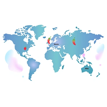 A world map is displayed with various regions highlighted in vibrant colors. Each region is marked with a distinct symbol representing different types of chili peppers. The map features areas known for their unique chili peppers, such as Mexico, India, and Southeast Asia. In the background, subtle gradient pastel colors blend to create a cohesive aesthetic that enhances the overall visual appeal of the map. Each highlighted region includes a label with the name of the chili pepper associated with it, showcasing their uniqueness and significance.