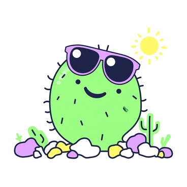 A cactus is positioned prominently in the center of the image. It has a rounded green body covered with small spikes. The cactus is wearing a pair of oversized sunglasses that are perched humorously on its top, reflecting light. To add to the comedic effect, a large smile is drawn on the cactus's face. Surrounding the cactus, there are small, colorful desert rocks scattered on the ground. In the background, there are a few small desert plants and a bright sun with rays extending outward.