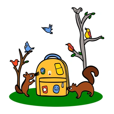A brightly colored school bag is placed on the grass in a sunny park. The bag has various patches and stickers adorning its surface. Nearby, a couple of curious squirrels with fluffy tails approach the bag, their eyes wide with interest. One squirrel is standing on its hind legs, while another is sniffing around the bag. In the background, several small birds with vibrant feathers are perched on nearby branches and flitting through the air. The scene radiates a lively atmosphere, showcasing the playful interaction between the wildlife and the school bag.