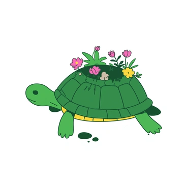 A turtle tending to a miniature garden growing on its shell