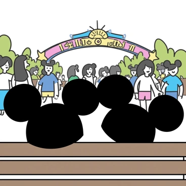 A pair of black mouse ear hats, featuring two round ears on top of a simple rounded cap. They are positioned on a wooden bench near the entrance of a theme park. In the background, a colorful archway with the park's name is visible, adorned with bright lights and festive decorations. The scene is bustling with visitors, some wearing casual clothing, as they gather around the entrance excitedly.