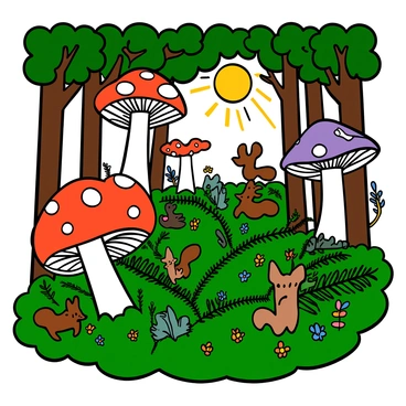 A magical forest scene filled with oversized mushrooms of various shapes and colors, towering above the ground. Some mushrooms are bright red with white spots, while others are purple and blue with luminous edges. The forest floor is covered in lush green moss, intertwining with delicate ferns and small wildflowers that add splashes of color. Sunlight filters through the dense canopy of leaves overhead, creating dappled patterns of light and shadow on the ground. Several small woodland creatures, like squirrels and rabbits, can be seen interacting with the mushrooms and plants, showcasing the intricate relationship between the flora and fungi in this enchanting environment.