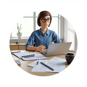 A job seeker with short brown hair, wearing glasses and a blue button-up shirt, sits at a cluttered desk. The desk is filled with papers, including some resumes and job descriptions scattered around. There is a laptop open in front of them with a document editing application visible on the screen. They are focused intently on the task, typing with one hand while holding a pen in the other. A cup of coffee and a notepad filled with notes are also visible on the desk. Natural light streams in from a nearby window, highlighting the scene.