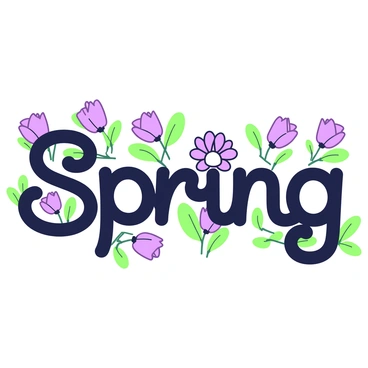 A large, decorative font is formed entirely from blooming spring flowers. Each letter of the font is shaped by various flowers, showcasing intricate petal details and vibrant textures. Surrounding the flowers are green leaves, adding contrast to the composition. The setting is bright and inviting, with some flowers leaning slightly as if swaying in a gentle breeze. The overall arrangement gives the impression of a lively, floral display.