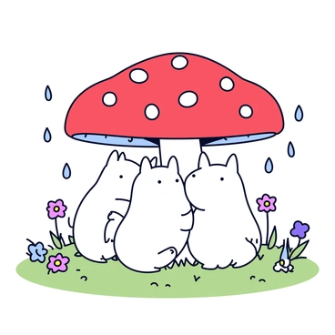 The Moomins, a family of whimsical creatures, are huddling together under a large, red mushroom with white spots. The mushroom's cap has a rounded shape, providing ample shelter. Soft droplets of rain fall from the sky, creating tiny splashes on the ground around them. The Moomins have a round, soft appearance with their characteristic white fur and cheerful expressions. Some Moomins are looking up at the falling rain, while others are peeking out from beneath the mushroom. The surrounding landscape is filled with green grass and colorful wildflowers, adding to the tranquil scene.