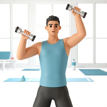 An individual, a fit man with short black hair, is performing dumbbell thrusters in a bright and airy gym. He is wearing a fitted blue tank top and black athletic shorts. His face is focused and determined as he lifts two dumbbells overhead. The dumbbells are silver with black grips. His feet are shoulder-width apart, and his knees are slightly bent. The gym has large windows allowing natural light to flood in, and a few fitness mats are visible in the background. A water bottle sits on a nearby bench.