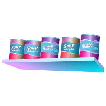 A series of soup cans, each painted in bright, contrasting colors, are neatly lined up on a sleek, metallic shelf. The cans have vibrant graphics showcasing the soup flavors, with bold lettering and artistic patterns. The shelf has a polished finish that reflects the vivid colors of the cans. The arrangement is straight and organized, emphasizing the variety of colors and designs. The background features a soft, subtle gradient, enhancing the focus on the colorful soup cans.