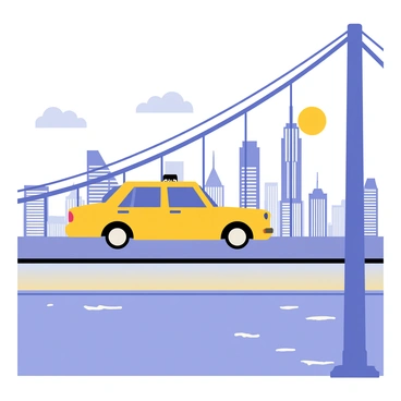 A yellow taxi cab is driving across a large suspension bridge with multiple steel cables supporting its structure. The bridge spans a wide river below. In the background, a panoramic view of a bustling city skyline filled with tall skyscrapers and a few clouds in the blue sky can be seen. The sun is shining brightly, casting shadows from the buildings onto the water. The scene captures a vibrant urban atmosphere with the taxi in motion.