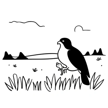 A hawk clutching a small field mouse in its talons on an open grassland