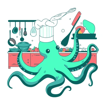 A teal octopus is wearing a white chef's hat while expertly juggling multiple kitchen utensils. The octopus's tentacles are gracefully extended, with a spatula, a whisk, a ladle, and a cutting board spinning in the air around it. The backdrop showcases a colorful kitchen setting, with pots and pans hanging on the walls and a countertop filled with fresh ingredients. The octopus's focused expression adds to the scene's lively atmosphere as it skillfully manages the kitchen tools.