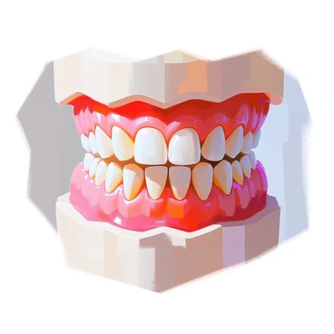 A close-up illustration focusing on a human mouth, showcasing a detailed view of the teeth and gums. The image features clean, white teeth arranged in an arch, demonstrating various types such as incisors, canines, and molars. The gums are depicted with a healthy pink hue, highlighting the natural contours and texture. The background is a soft, neutral shade to enhance the visibility of the dental structures.