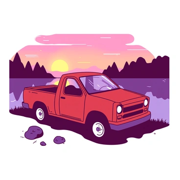A red truck is parked on a grassy area beside a lake. The lake reflects the colors of a glowing sunset sky filled with hues of orange and pink. In the background, silhouettes of trees are outlined against the vibrant sky. The surface of the water is calm, with gentle ripples creating a soft texture reflecting the colors above. A few small rocks are scattered along the shore near the truck, adding to the natural setting.