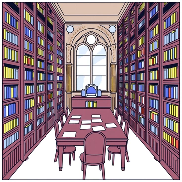 A grand ancient library filled with towering bookshelves that reach the ceiling. The bookshelves are made of dark wood, intricately carved with details and patterns. Each shelf is filled with a variety of colorful books, some with leather bindings and gold lettering. The library has large, arched windows that let in soft natural light, illuminating the dust particles in the air. Ornate decorations adorn the walls, including detailed moldings and classical statues. A large, wooden table is positioned in the center of the room, surrounded by elegant chairs.