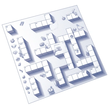 A large crossword puzzle layout is displayed prominently. Each individual square within the grid contains a detailed illustration representing different dishes or ingredients. Clues are depicted alongside the puzzle, with each clue corresponding to the illustrated item in the squares. For example, a bowl of soup may be illustrated in one square, while another square features a slice of pizza. Various culinary items, such as vegetables, spices, and desserts, are incorporated throughout the puzzle, adding a vibrant and engaging touch to the overall design.