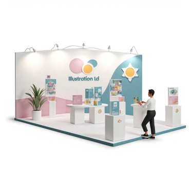 A trade show booth for "Illustration Ltd" featuring a large, eye-catching backdrop with the company's logo prominently displayed. The booth includes several tall display stands showcasing vibrant illustrations and designs, arranged neatly to attract visitors. There are tables with promotional materials such as brochures and business cards, all bearing the "Illustration Ltd" branding. Bright, modern lighting illuminates the booth, creating an inviting atmosphere. A friendly representative stands at the front of the booth, engaging with attendees and answering questions.