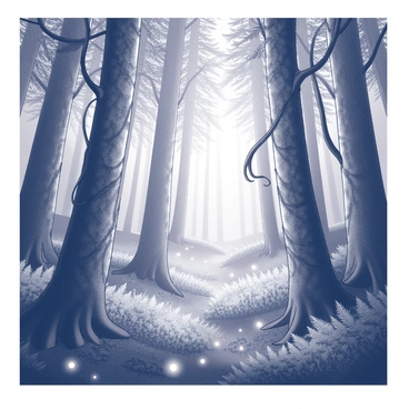 A dense forest filled with tall, slender trees, their trunks covered in tangled vines and moss. A thick layer of mist weaves through the underbrush, creating an ethereal atmosphere. Glowing eyes peer from the shadows between the trees, hinting at unseen creatures lurking just out of sight. The forest floor is dotted with ferns and undergrowth, adding texture to the scene. The scene conveys a sense of mystery and intrigue, inviting exploration into the heart of the woodland.