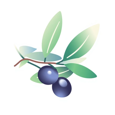 A single olive branch with vibrant green leaves and plump, ripe black olives is positioned prominently in the center of the image. The leaves have a glossy texture, reflecting light softly. The olives are round and shiny, showcasing a deep purple hue with hints of green. The background is a soft, pale color, enhancing the vividness of the olive branch and creating a gentle contrast. The composition focuses on the natural beauty and detail of the branch and its fruit.