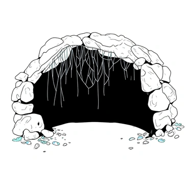 A small cave entrance is framed by thick, dense cobwebs that glisten in the light. The stones around the entrance are rough and uneven, with a few patches of moss clinging to them. Shadows loom deep within the cave, enhancing the mysterious atmosphere. A few wisps of cobwebs hang down from the rocky overhang, creating a natural curtain that partially obscures the dark interior. The surrounding ground is scattered with small pebbles and leaves, indicating the presence of wildlife nearby.