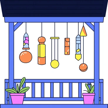 A set of beautifully crafted wind chimes made of polished wood and metal. The chimes are suspended from a dark wooden porch ceiling. The chimes vary in size, with the longest on the left side and the shortest on the right. Sunlight glints off the surfaces of the chimes, creating a warm glow. A gentle breeze causes the chimes to move slightly, producing a harmonious sound. The porch has a simple railing, and a few potted plants are placed near the edge.