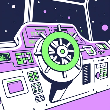 A high-tech ship wheel is mounted on a sleek control deck of a spaceship. The ship wheel features a glowing green outline, surrounded by intricate controls and screens displaying various data. The control deck is filled with panels that have a purple glow, showing readings and diagnostics. In the background, large windows reveal a starry expanse of space, with distant celestial bodies visible. The atmosphere is filled with an array of buttons, switches, and digital displays that complement the high-tech theme.