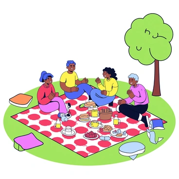 A picnic setup in a park featuring a large, checkered red and white blanket spread on the green grass. On the blanket, there are various dishes including a basket with sandwiches, a plate of fruit, and a jug of lemonade. Several colorful cushions are scattered around for seating. A group of four friends, two men and two women, are sitting on the blanket, laughing and sharing stories. The trees in the background provide dappled sunlight, creating a cheerful atmosphere.