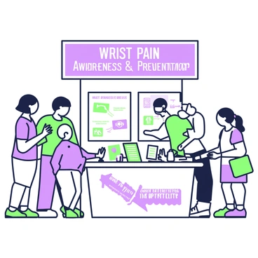 A community health fair booth is set up with a large banner that reads "Wrist Pain Awareness and Prevention" in bold letters. The booth features a table covered with green and purple brochures and informational pamphlets about wrist pain management. On the table, there are several models of the human wrist, displaying the anatomy and common injury sites. A health professional, wearing a green shirt, stands next to the table, engaging with attendees and demonstrating wrist exercises. Behind the table, a poster shows illustrations of proper wrist ergonomics for computer users. In the foreground, people are gathered, some taking notes and others trying out wrist-supporting devices.