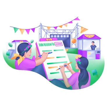 A scene depicting several festival-goers engaged in filling out a "Fun Questionnaire" with colorful graphics. Each person is holding a pencil or a pen while sitting on the grass. One individual is wearing a flower crown, while another has a bright bandana tied around their neck. In the background, there are vibrant banners and flags fluttering in the breeze, along with a stage partially visible set up for performances. Around them, there are booths with fun themes, including a photo booth and a snack stand, creating a lively atmosphere.