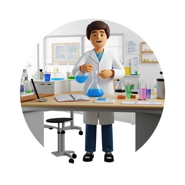 A student with light skin and short brown hair, wearing a white lab coat, is standing at a laboratory bench. The lab is well-equipped with various scientific instruments and glassware. The student is carefully pouring a bright blue liquid from a beaker into a test tube. There is a notebook open on the bench beside them, filled with handwritten notes and diagrams. A poster on the wall reads, "The Positive Impact of Stipends on Research." The atmosphere is vibrant and focused, with a sense of discovery and curiosity in the air.