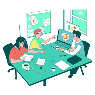 A teal conference table is surrounded by three designers engaged in a discussion. One designer, wearing glasses, is sketching ideas in a white notebook while another, with a colorful shirt, points at a computer screen displaying various logo concepts. The third designer, with short hair, is taking notes on a white laptop. Scattered around the table are various colored markers, sticky notes, and a couple of coffee cups. A large window in the background lets in natural light, enhancing the vibrant atmosphere of creativity.