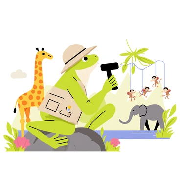 A green frog wearing a beige safari hat sits on a rock, holding a black telescope. The frog has a small beige vest with pockets filled with tiny maps and tools. In the background, several cartoon-style animals are visible, including a tall giraffe, a group of playful monkeys swinging from branches, and a herd of elephants drinking from a river. The scene is vibrant, filled with greenery and colorful flowers, enhancing the lively atmosphere of the safari. The frog gazes intently through the telescope, focused on the animals in the distance.