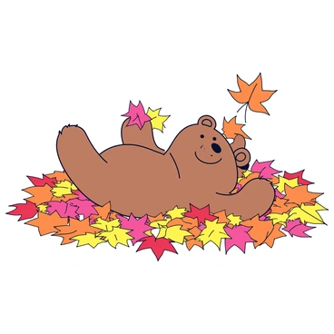 A bear with a soft brown coat is playfully rolling around in a large pile of colorful autumn leaves. The leaves are vibrant shades of orange, red, and yellow, scattered around the bear. The bear has a joyful expression as it paws at the leaves, sending some flying into the air. Nearby, a few leaves are caught in the wind, adding movement to the scene. The ground is covered with a thick carpet of fallen leaves, creating a rich mixture of colors beneath the bear.