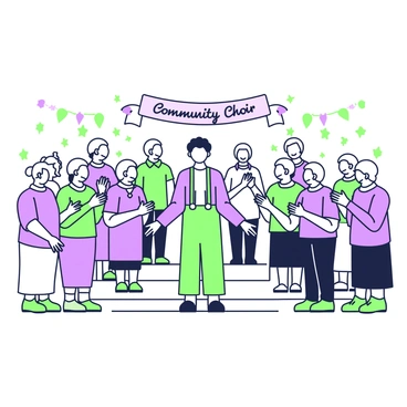A group of elderly choir members is gathered in a community hall. They are standing in two lines, facing each other, with bright smiles on their faces. Each member is dressed in matching outfits, consisting of shirts and blouses, some with patterns. The choir director stands at the front, encouraging them with open arms. Some members hold sheet music while others are clapping to the rhythm. The hall is filled with simple decorations, and a banner with the words "Community Choir" hangs above them. The atmosphere is filled with energy as they sing together with joy and enthusiasm.