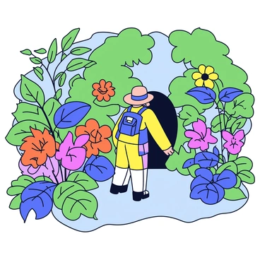An explorer wearing a wide-brimmed hat and carrying a small backpack stands amidst lush greenery. The explorer is looking curiously at a hidden entrance leading into a secret garden. Inside the garden, plants exhibit vibrant colors such as electric blue, fiery orange, and bright pink. Unusual flowers with unique shapes bloom amidst the foliage, creating a striking contrast with the deep green leaves. Sunlight filters through the trees, casting playful shadows on the ground, enhancing the enchanting atmosphere of this hidden paradise.