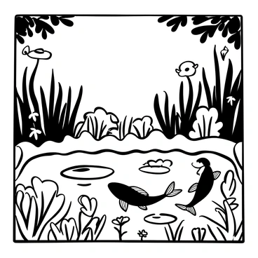A square board showcasing a serene fish pond, with graceful koi fish swimming peacefully beneath the water's surface. Lily pads float gently on top, and delicate flowers bloom near the edges of the pond. Surrounding the pond, lush greenery and tall grasses create a natural border. The surface of the water reflects the shapes of the plants and fish, with ripples radiating outward. Sunlight filters through the trees, casting intricate shadows along the bank of the pond.