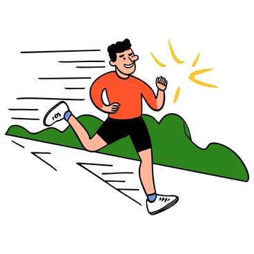 A light-skinned man with short dark hair is sprinting, showcasing his athletic build. He wears a red sports jersey and black shorts, with white athletic shoes. Dynamic energy lines trail behind him, emphasizing his speed and movement. His facial expression is focused and determined, with his eyebrows slightly furrowed and mouth closed. The background is simple to enhance the action, with a suggestion of a blurred landscape to convey motion.