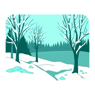 A teal frozen forest with bare trees, their branches coated in a delicate layer of white ice. The ground is blanketed in untouched snow, glistening under the soft light. In the background, more trees stretch into the distance, their icy limbs creating a stark contrast against the tranquil scene. The atmosphere is quiet, with the stillness of winter enveloping the landscape.