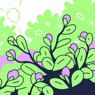 A close-up view of fresh green buds sprouting from various bushes in a garden. The buds are small and round, with delicate leaves beginning to unfurl. There are several bushes in the composition, each with a cluster of buds. Sunlight casts soft shadows among the foliage, enhancing the texture of the leaves. The background features blurred greenery that suggests the arrival of spring.