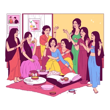 A group of women is gathered in a warm, inviting living room, each showcasing their colorful choora bangles. The women are dressed in vibrant traditional outfits, with intricate embroidery and patterns. Their hands are adorned with an array of choora bangles in various designs and colors, shimmering in the light. Some women are sitting on a plush rug, while others stand, displaying their bangles proudly, exchanging smiles and laughter. In the background, there are family photos on the wall and festive decorations, enhancing the atmosphere of togetherness and celebration.