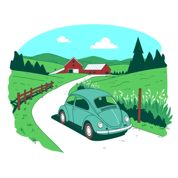 A teal VW Beetle is driving down a white, winding rural farm lane. Lush green fields line both sides of the lane, with a few scattered wildflowers adding bursts of color. In the background, there are rolling hills under a clear blue sky, with a couple of fluffy white clouds floating gently. A rustic wooden fence runs parallel to the lane, and a classic red barn can be seen in the distance, surrounded by tall, swaying grass. The sun casts soft shadows from the trees lining the road, creating a peaceful, idyllic scene.
